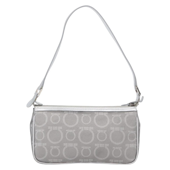 Salvatore Ferragamo Gancini Shoulder Bag PVC Leather Silver Auth 173697