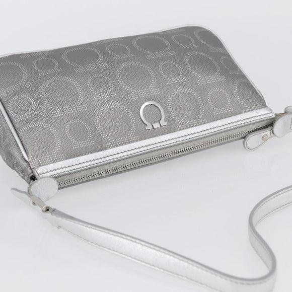 Salvatore Ferragamo Gancini Shoulder Bag PVC Leather Silver Auth 173697