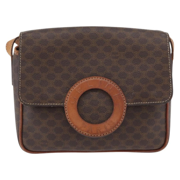 CELINE Macadam Canvas Shoulder Bag PVC Leather Brown Gold Auth 173698A