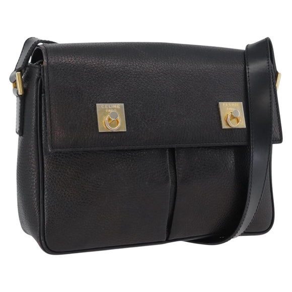 CELINE Shoulder Bag Leather Black Gold Auth 173699