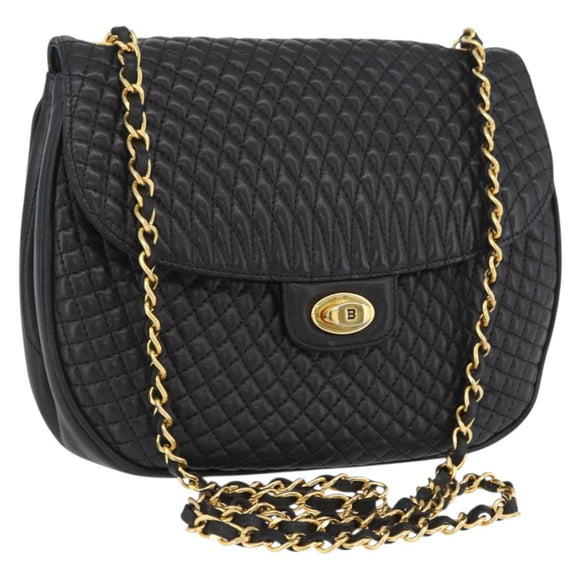 BALLY Quilted Chain Shoulder Bag Leather Black Gold Auth 173712