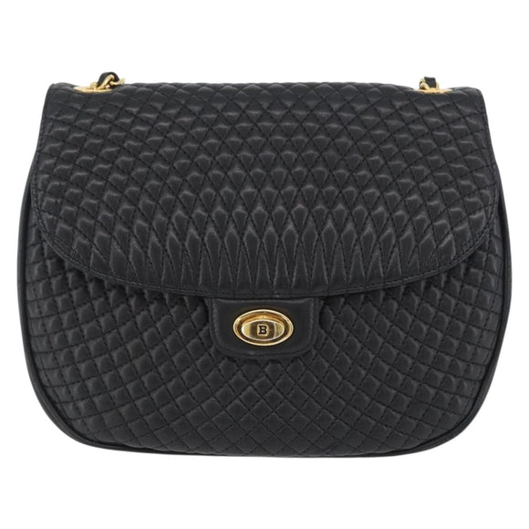 BALLY Quilted Chain Shoulder Bag Leather Black Gold Auth 173712