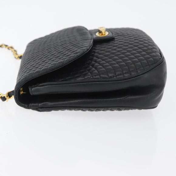 BALLY Quilted Chain Shoulder Bag Leather Black Gold Auth 173712