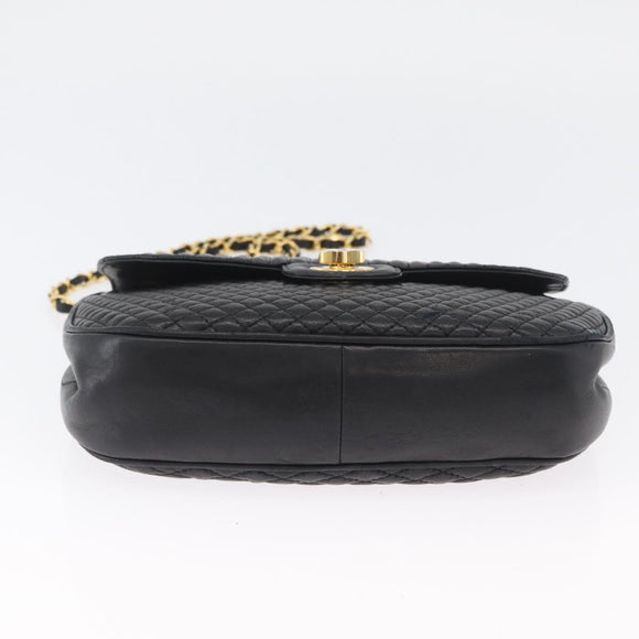 BALLY Quilted Chain Shoulder Bag Leather Black Gold Auth 173712