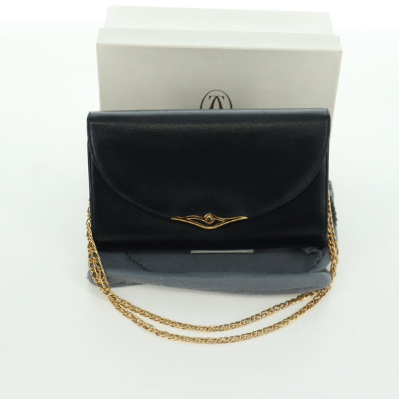 CARTIER Saphir-Linie Ketten-Schultertasche Leder Schwarz Gold Auth 173713A