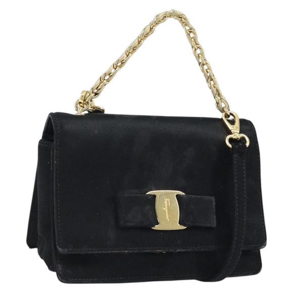Salvatore Ferragamo Vala Ribbon Shoulder Bag Satin 2way Black Gold Auth 173786
