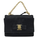 Salvatore Ferragamo Vala Ribbon Shoulder Bag Satin 2way Black Gold Auth 173786-2
