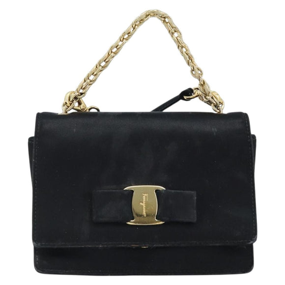 Salvatore Ferragamo Vala Ribbon Shoulder Bag Satin 2way Black Gold Auth 173786