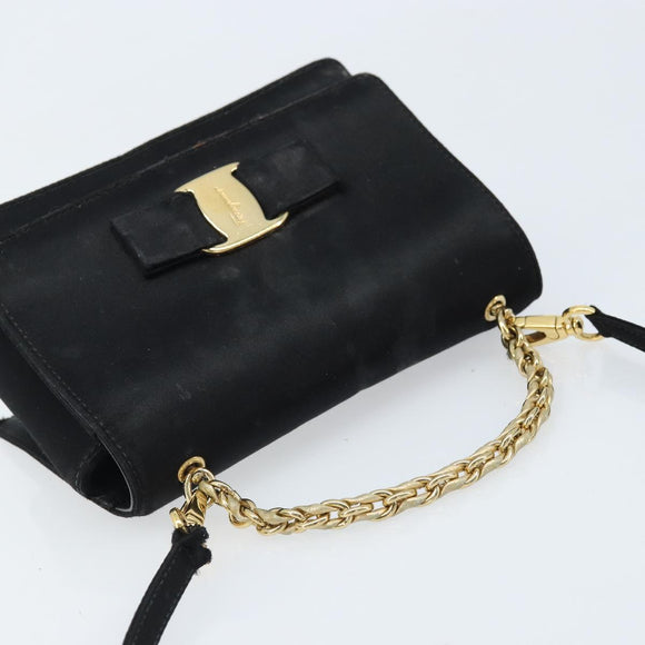 Salvatore Ferragamo Vala Ribbon Shoulder Bag Satin 2way Black Gold Auth 173786