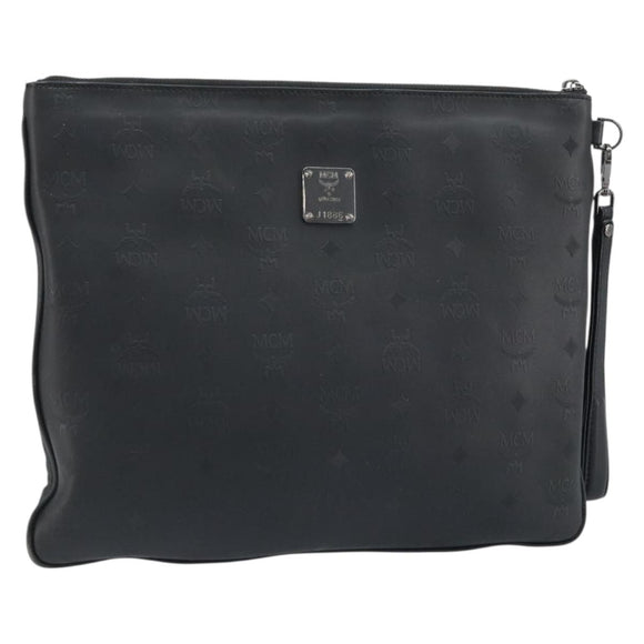 MCM Vicetos Logogram Clutch Bag Leather Black Silver Auth 173812