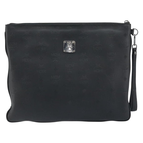 MCM Vicetos Logogram Clutch Bag Leather Black Silver Auth 173812