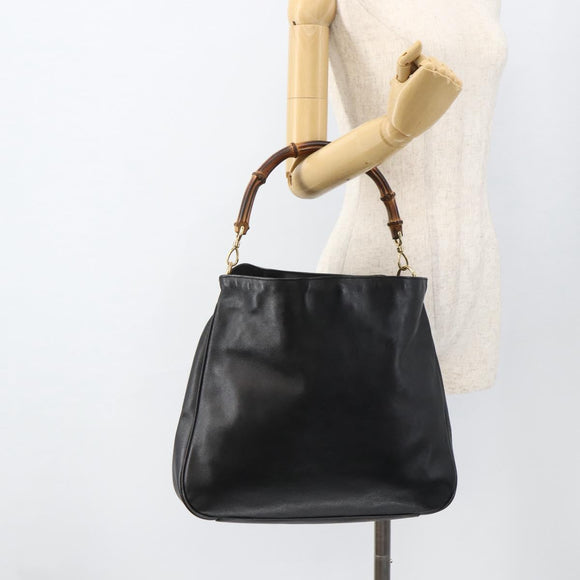 GUCCI Bamboo Shoulder Bag Leather Black Gold Auth 173820