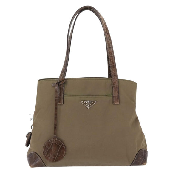 PRADA Hand Bag Nylon Khaki Silver Auth 173838