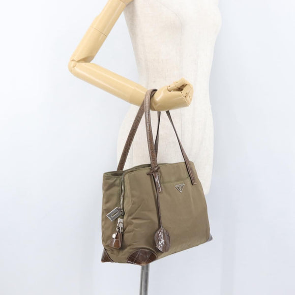 PRADA Hand Bag Nylon Khaki Silver Auth 173838
