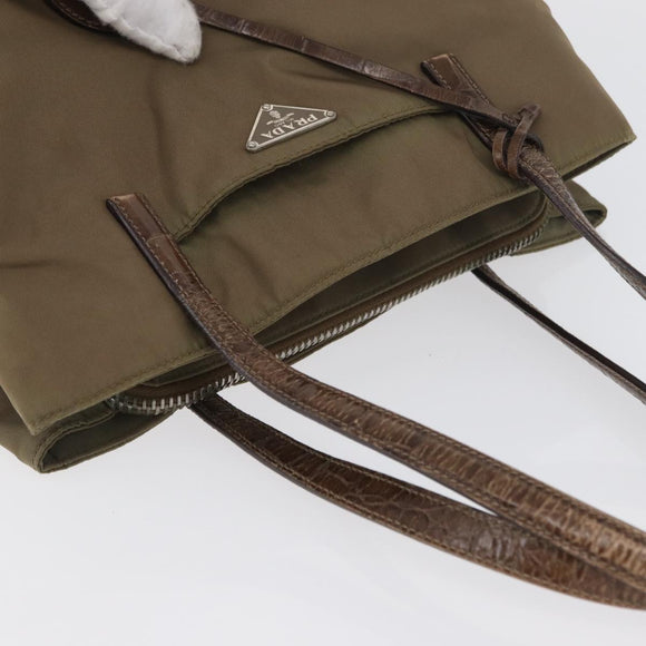 PRADA Hand Bag Nylon Khaki Silver Auth 173838