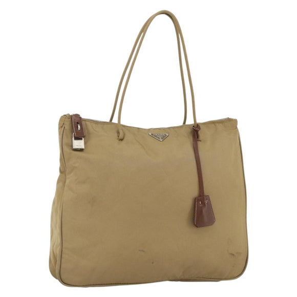PRADA Tote Bag Nylon Beige Silver Auth 173852