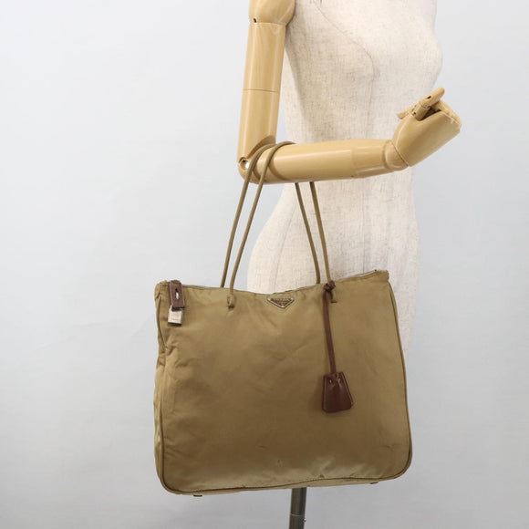PRADA Tote Bag Nylon Beige Silver Auth 173852