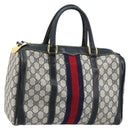 GUCCI GG Supreme Sherry Line Hand Bag PVC Navy Gold Red Auth 173870-1