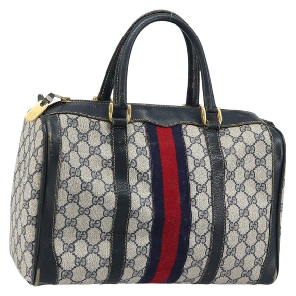 GUCCI GG Supreme Sherry Line Hand Bag PVC Navy Gold Red Auth 173870