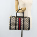 GUCCI GG Supreme Sherry Line Hand Bag PVC Navy Gold Red Auth 173870-20