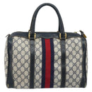 GUCCI GG Supreme Sherry Line Hand Bag PVC Navy Gold Red Auth 173870-2