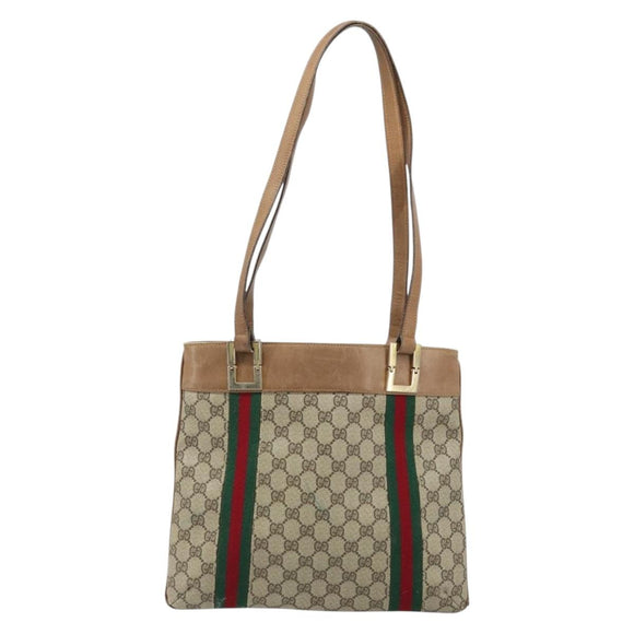 GUCCI GG Supreme Web Sherry Line Tote Bag PVC Beige Gold Auth 173878