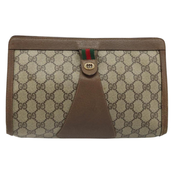GUCCI GG Supreme Web Sherry Line Clutch Bag PVC Beige Gold 89 01 033 Auth 173882