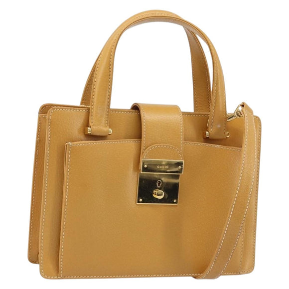 GUCCI Hand Bag Leather 2way Beige Gold Auth 173886