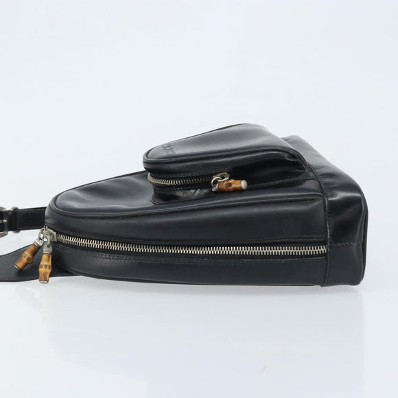 GUCCI Bamboo Shoulder Bag Patent leather Black Silver Auth 173890