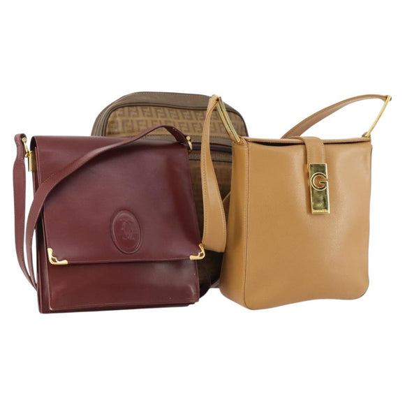 GIVENCHY Fendi Cartier Zucchino Canvas Bag Leather 3 Set Bordeaux Auth 173955