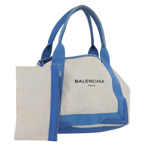 BALENCIAGA Cabas Bag Canvas Leather Light Beige Light Blue 339933 Auth 173988