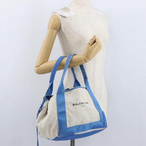 BALENCIAGA Cabas Bag Canvas Leather Light Beige Light Blue 339933 Auth 173988
