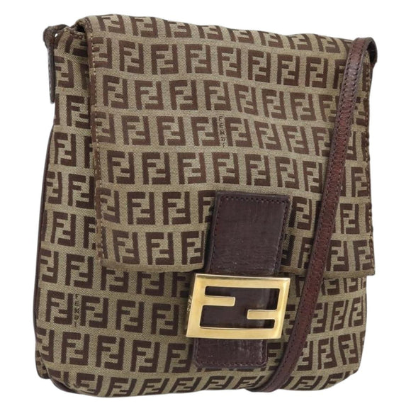 FENDI Zucchino Canvas Shoulder Bag Beige Gold Auth 173996