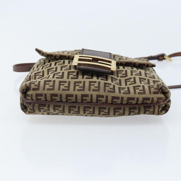 FENDI Zucchino Canvas Shoulder Bag Beige Gold Auth 173996