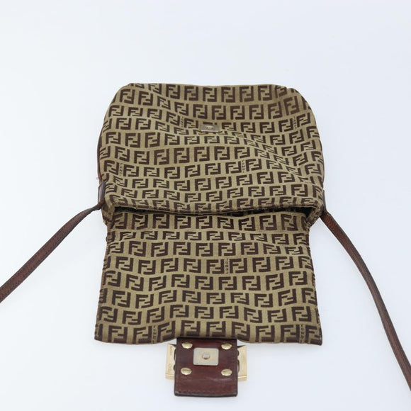 FENDI Zucchino Canvas Shoulder Bag Beige Gold Auth 173996