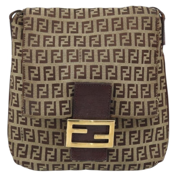 FENDI Zucchino Canvas Shoulder Bag Beige Gold Auth 173996