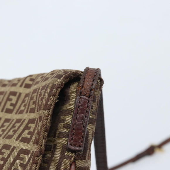 FENDI Zucchino Canvas Shoulder Bag Beige Gold Auth 173996