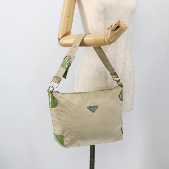 PRADA Shoulder Bag Nylon Beige Green Silver Auth 173997