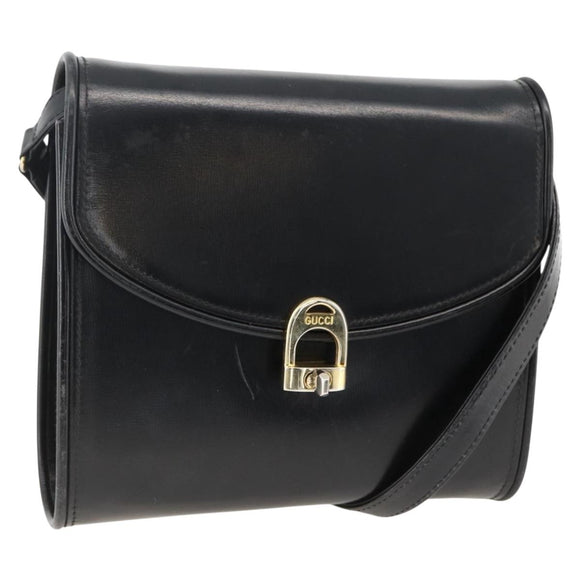 GUCCI Shoulder Bag Leather Black Gold Auth 174014