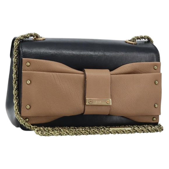 Chloe Ribbon Chain Handtas Leer Zwart Goud Auth 174022A