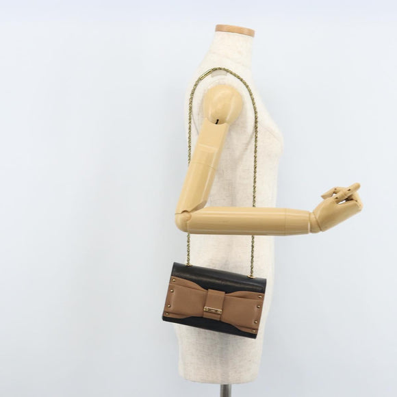 Chloe Ribbon Chain Handtas Leer Zwart Goud Auth 174022A