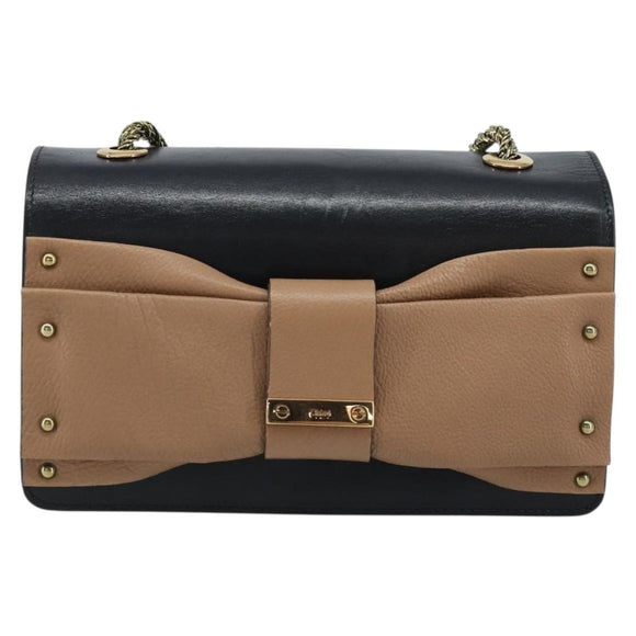 Chloe Ribbon Chain Handtas Leer Zwart Goud Auth 174022A