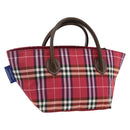 BURBERRY Nova Check Blue Label Hand Bag Nylon Leather Red Silver Auth 174065A-1