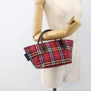 BURBERRY Nova Check Blue Label Hand Bag Nylon Leather Red Silver Auth 174065A-19