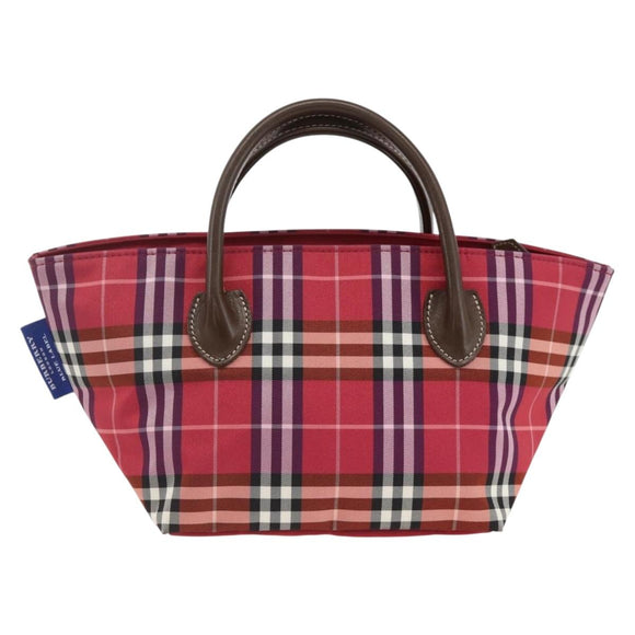 BURBERRY Nova Check Blue Label Hand Bag Nylon Leather Red Silver Auth 174065A