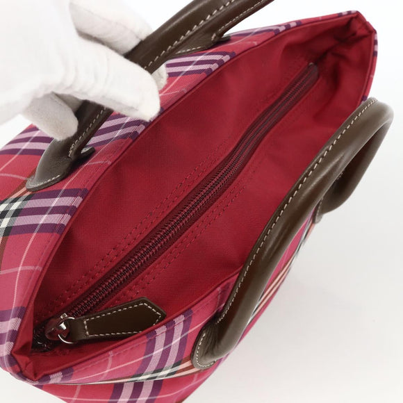 BURBERRY Nova Check Blue Label Hand Bag Nylon Leather Red Silver Auth 174065A
