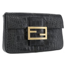 FENDI Mamma Baguette Pouch Leather Black Gold Auth 174141A-1