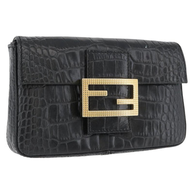 FENDI Mamma Baguette Pouch Leather Black Gold Auth 174141A