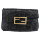 FENDI Mamma Baguette Pouch Leather Black Gold Auth 174141A-13