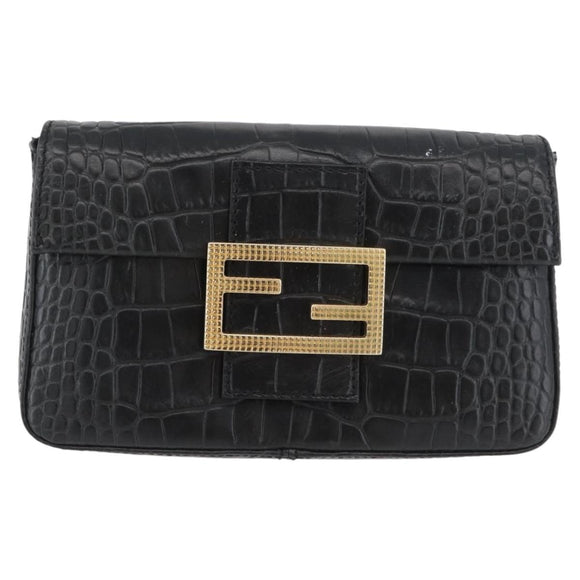 FENDI Mamma Baguette Pouch Leather Black Gold Auth 174141A